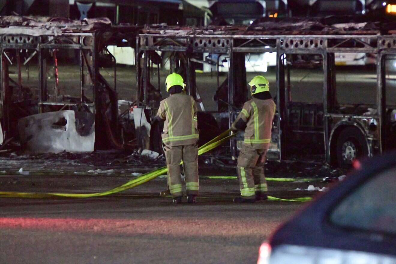 Firefighters at the scene of a bus bombing in Bat Yam, south of Tel Aviv, Feb. 20, 2025. Photo by Avshalom Sassoni/Flash90.