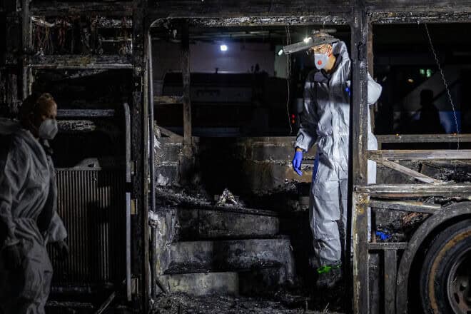 Israeli security forces at the scene of a bus bombing, in Bat Yam, central Israel, Feb. 20, 2025. Photo by Chaim Goldberg/Flash90.
