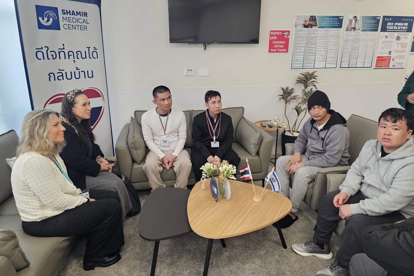 Yael Eckstein, president of the International Fellowship of Christians and Jews (second from left), visits with released hostages from Thailand at Shamir Medical Center (formerly Asaf Harofeh Hospital) outside of Tel Aviv, February 2025. Credit: Courtesy of IFCJ.