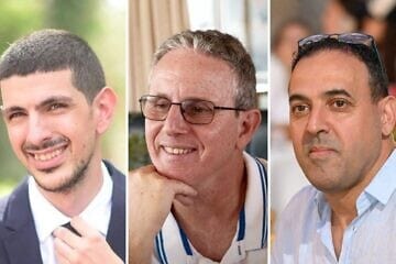 From left: Or Levy, Ohad Ben Ami and Eli Sharabi were released from being held captive since Oct. 7, 2023, by Hamas terrorists in the Gaza Strip on Feb. 8, 2025. Credit: Courtesy.