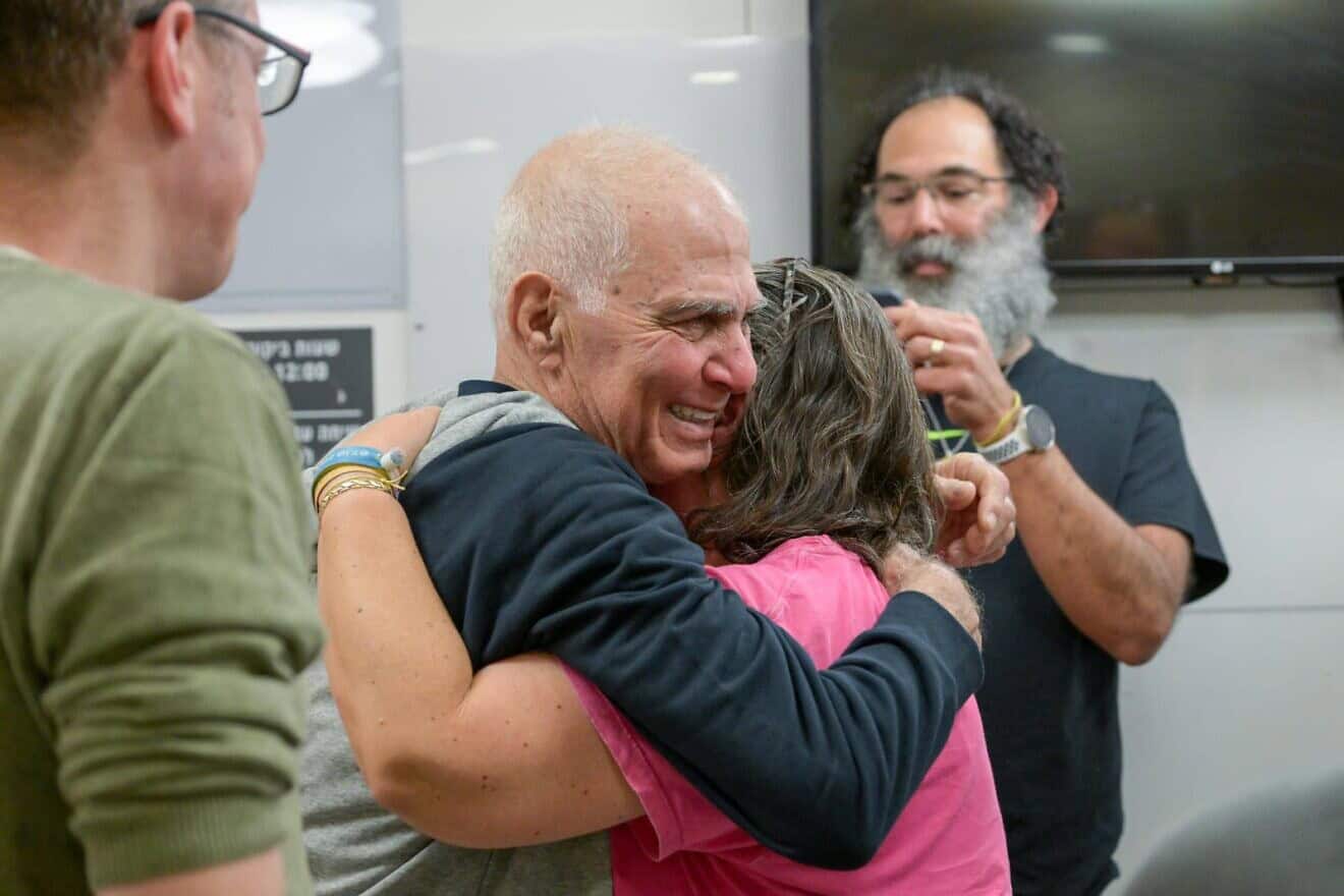 Freed Israeli hostage Gadi Mozes embraces his family at Tel Aviv Sourasky Medical Center (Ichilov Hospital) on Jan. 30, 2025. Photo by Ma'ayan Toaf/GPO.