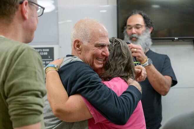 Freed Israeli hostage Gadi Mozes embraces his family at Tel Aviv Sourasky Medical Center (Ichilov Hospital) on Jan. 30, 2025. Photo by Ma'ayan Toaf/GPO.