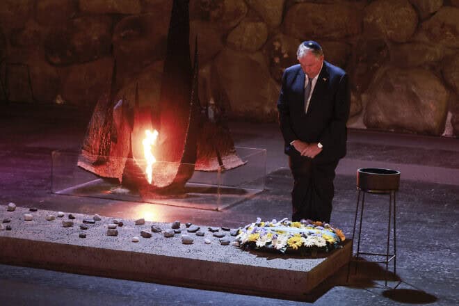 Argentina's Foreign Minister Gerardo Werthein stands at the Hall of Remembrance after laying a wreath during his visit to the Yad Vashem: The World Holocaust Remembrance Center in Jerusalem on Feb. 2, 2025. Photo by Menahem Kahana/AFP via Getty Images.