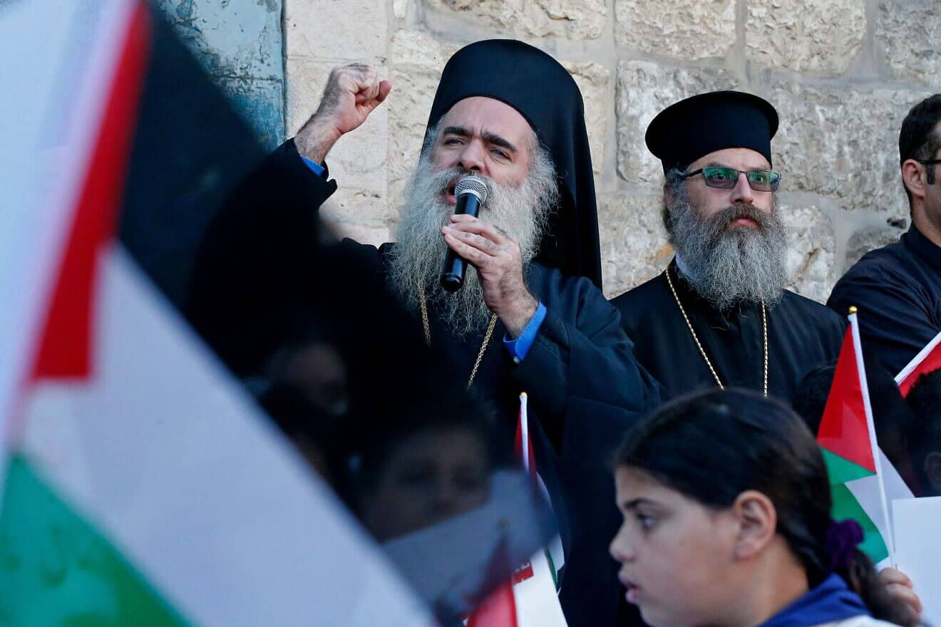 Palestinian Greek Orthodox Archbishop Atallah Hanna delivers a speech during a demonstration in Beit Jala on the outskirts of the Judea city of Bethlehem, May 17, 2021. Photo by Hazem Bader/AFP via Getty Images.