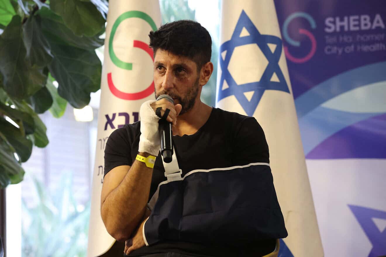 Israeli singer and Netflix hit series Fauda actor Idan Amedi, who was wounded in the Gaza Strip, addresses a press conference at Hashomer hospital in Ramat Gan, near Tel Aviv, Jan. 25, 2024. Photo by Gil Cohen-Magen/AFP via Getty Images.