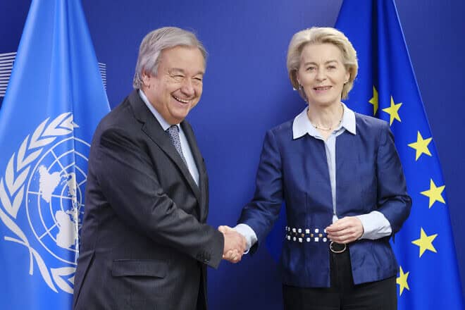U.N. Secretary-General António Guterres is welcomed by the president of the European Commission, Ursula von der Leyen, prior to a bilateral meeting in Brussels, March 20, 2024. Photo by Thierry Monasse/Getty Images.