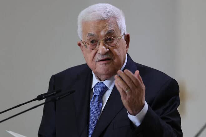 Palestinian Authority leader Mahmoud Abbas at a press conference with Spanish Prime Minister Pedro Sánchez after their meeting at La Moncloa Palace in Madrid, Sept. 19, 2024. Photo by Thomas Coex/AFP via Getty Images.