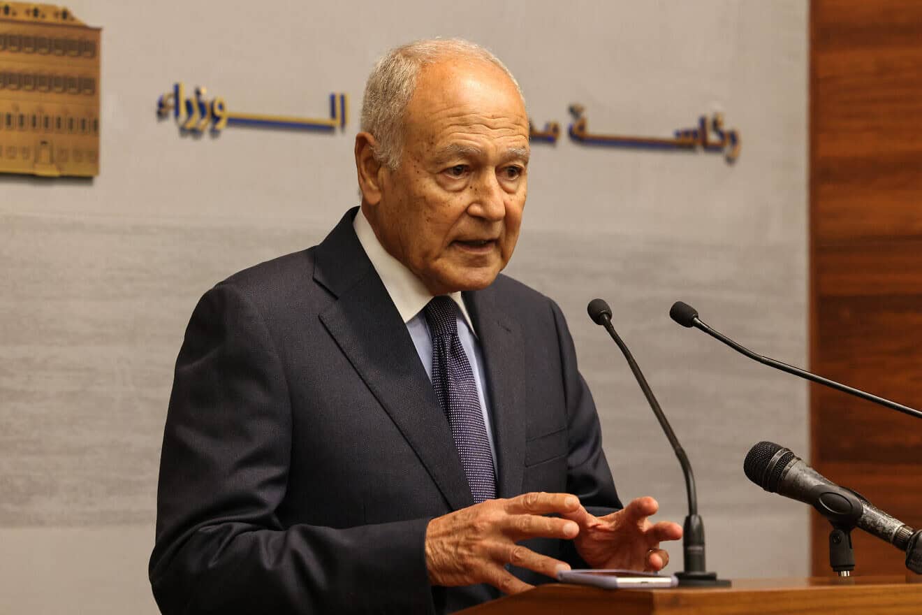 Arab League Secretary-General Ahmed Aboul Gheit talks to reporters after his meeting with Lebanon's then-caretaker Prime Minister Najib Mikati in Beirut on Oct. 21, 2024. Photo by Anwar Amro/AFP via Getty Images.