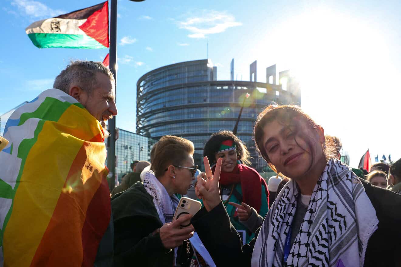 MEP Rima Hassan gestures at the pro-Palestinian rally outside the European Parliament in Strasbourg, eastern France, on Nov. 27, 2024. Photo by Abdesslam Mirdass/Hans Lucas/AFP via Getty Images.
