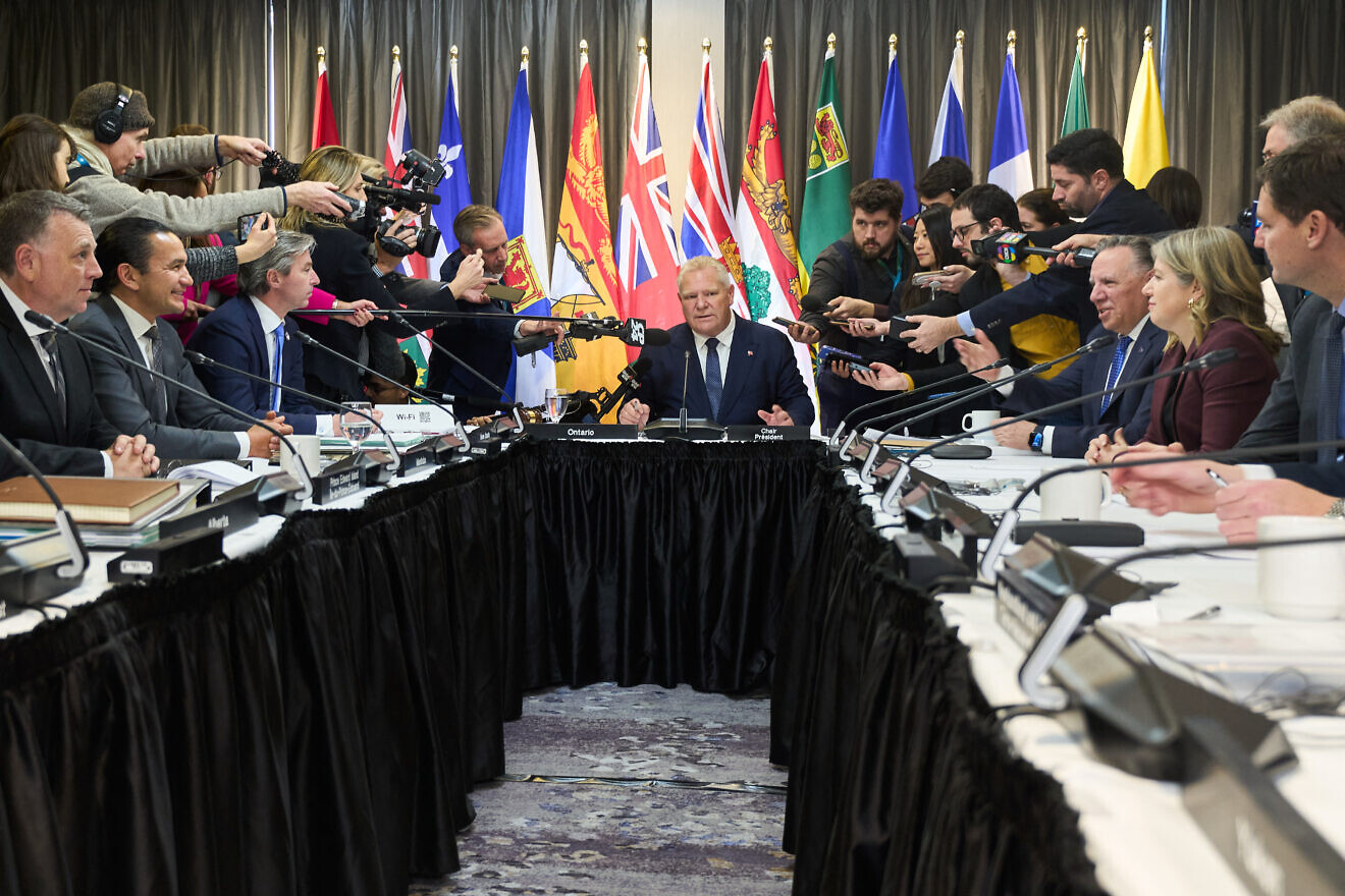 Ontario Premier Doug Ford speaks to the media during a photo opportunity at Canada's Premiers Conference in Toronto, Ontario, Dec. 16, 2024. Credit: Geoff Robins/AFP via Getty Images.
