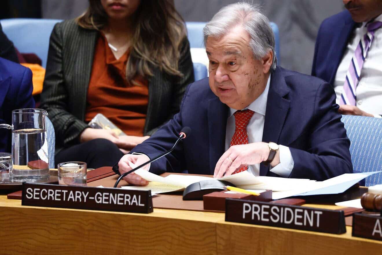 U.N. Secretary General Antonio Guterres speaks during a U.N. Security Council meeting on Gaza and the situation in Middle East at U.N. headquarters in New York City on Jan. 20 2024. Photo by Kena Betancur/AFP via Getty Images.
