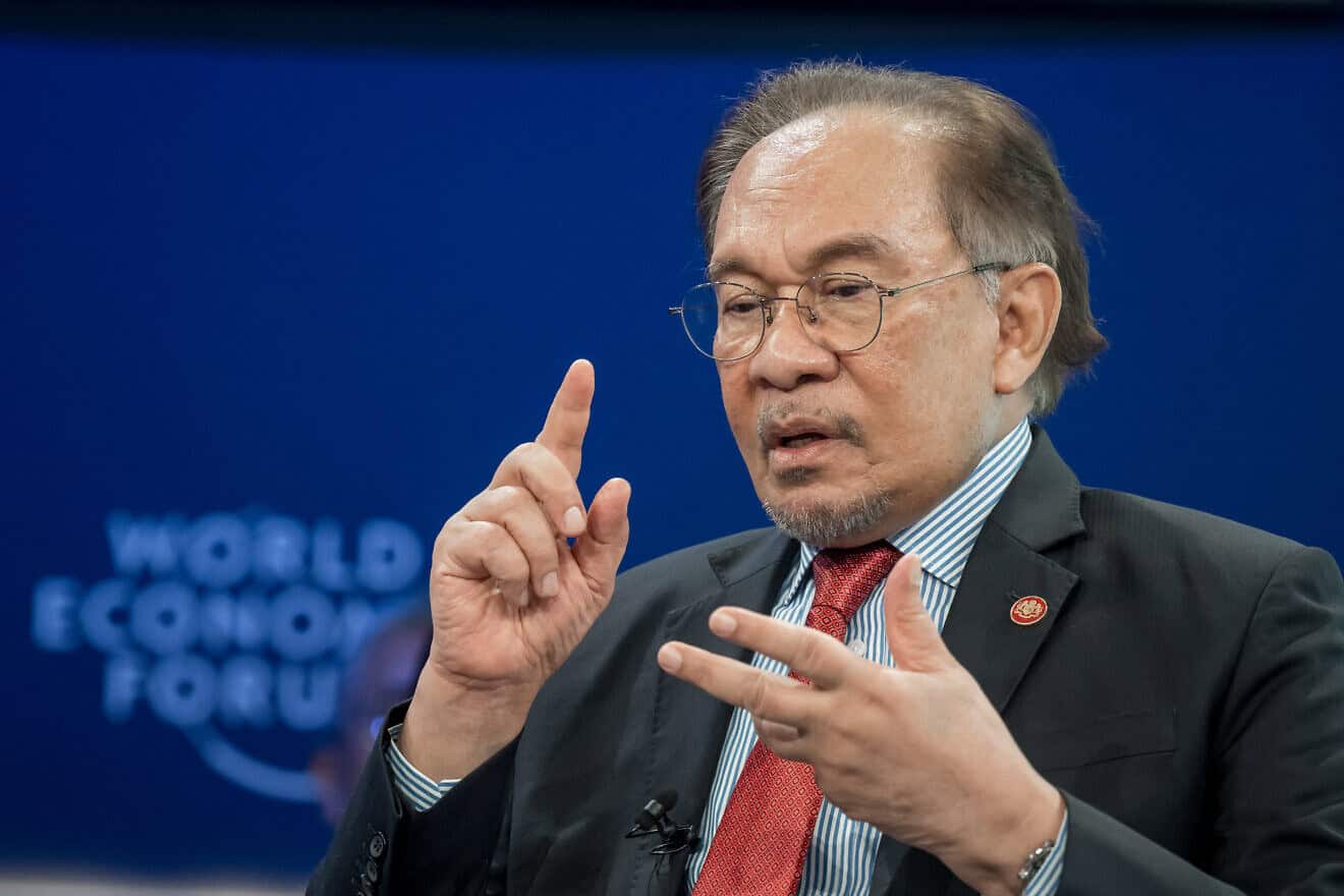 Malaysian Prime Minister Anwar Ibrahim during a speech at the World Economic Forum annual meeting in Davos, Jan. 22, 2025. Photo by Fabrice Coffrini/AFP via Getty Images.