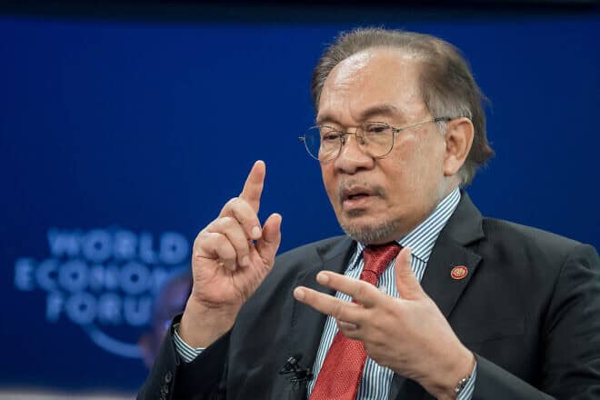 Malaysian Prime Minister Anwar Ibrahim during a speech at the World Economic Forum annual meeting in Davos, Jan. 22, 2025. Photo by Fabrice Coffrini/AFP via Getty Images.