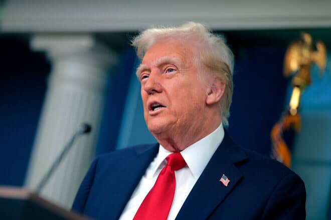 U.S. President Donald Trump speaks to reporters about the collision of an American Airlines flight with a military Black Hawk helicopter near Ronald Reagan National Airport, at the White House in Washington on Jan. 30, 2025. Photo by Chip Somodevilla/Getty Images.