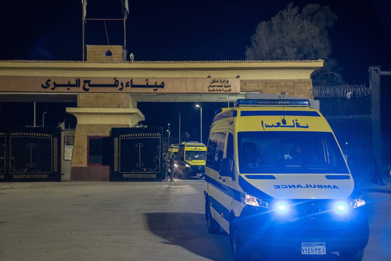 Ambulances carrying wounded Palestinians exit the Rafah Crossing to receive treatment in Egypt, on Feb. 1, 2025. Photo by Ali Moustafa/Getty Images.