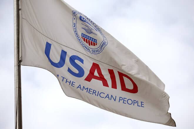 A flag outside U.S. Agency for International Development (USAID) headquarters in Washington, D.C., on Feb. 3, 2025. Photo by Kevin Dietsch/Getty Images.