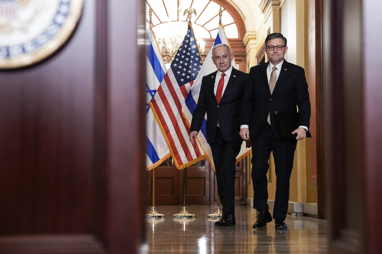 House Speaker Mike Johnson (R-La.) and Israeli Prime Minister Benjamin Netanyahu arrive to speak to the press at the U.S. Capitol following their closed-door meeting in Washington, D.C., on Feb. 7, 2025. Photo by Oliver Contreras/AFP via Getty Images.
