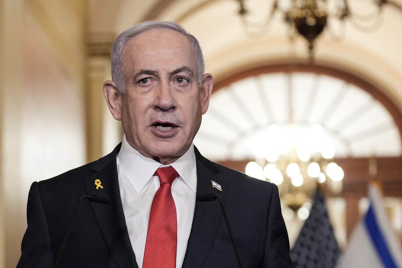 Israeli Prime Minister Benjamin Netanyahu speaks to the press at the U.S. Capitol following his closed-door meeting with Speaker of the House Mike Johnson (R-La.) in Washington, DC, on Feb. 7, 2025. Photo by Oliver Contreras/AFP via Getty Images.