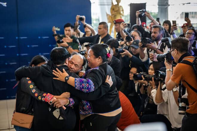 Bannawat Saethao, one of the recently released Thai hostages, reunites with his family after arriving to Suvarnabhumi Airport on Feb. 9, 2025 in Bangkok, Thailand. Photo by Lauren DeCicca/Getty Images.