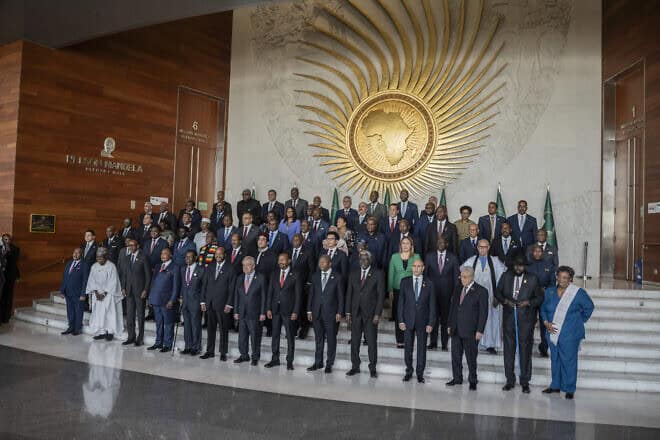 Heads of states pose for a group picture during the 38th African Union (AU) Summit, where leaders will elect a new head of the AU Commission, at the AU Headquarters in Addis Ababa on Feb. 15, 2025. Photo by Amanuel Sileshi/AFP via Getty Images.