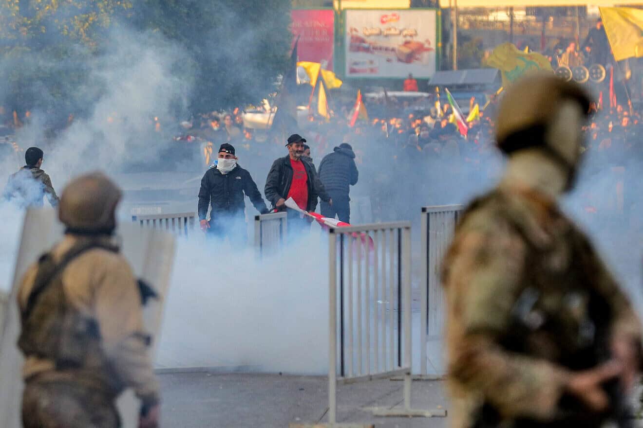 Clashes between Hezbollah supporters and the Lebanese Army amid a Hezbollah-organized rally to block the road to Beirut International Airport over a decision to bar two Iranian flights from landing there, in Beirut, Feb. 15, 2025. Photo by Ibrahim Amro/AFP via Getty Images.
