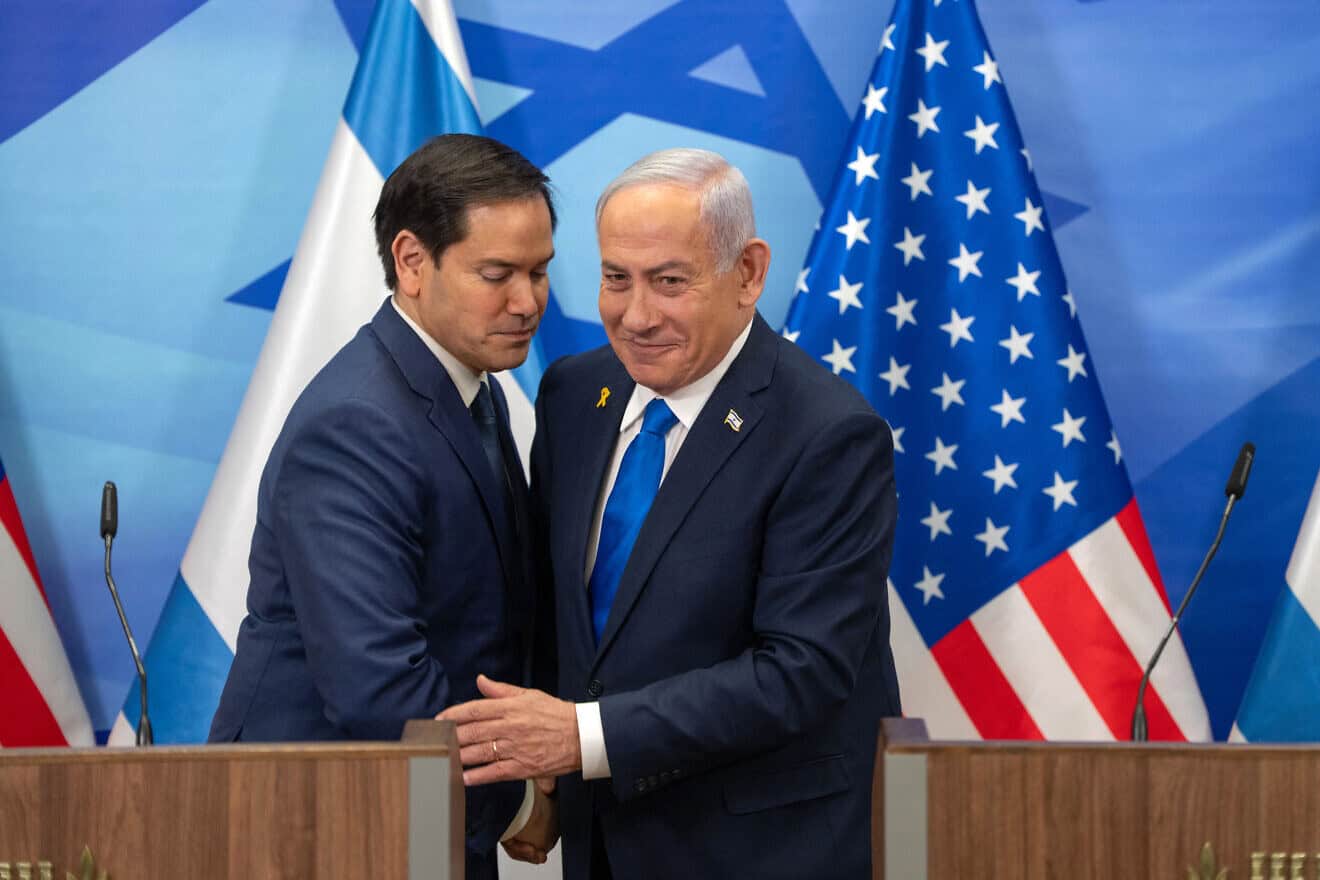 U.S. Secretary of State Marco Rubio and Israeli Prime Minister Benjamin Netanyahu greet each other during a joint press conference at the Prime Minister's Office in Jerusalem, Feb. 16, 2025. Photo by Ohad Zwigenberg/POOL/AFP via Getty Images.