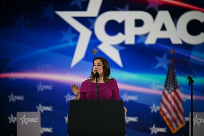 Rep. Elise Stefanik (R-N.Y.), nominee for U.S. envoy to the United Nations, speaks during the annual Conservative Political Action Conference (CPAC) at the Gaylord National Resort & Convention Center at National Harbor in Oxon Hill, Md., Feb. 22, 2025. Credit: Alex Wroblewski/AFP via Getty Images.