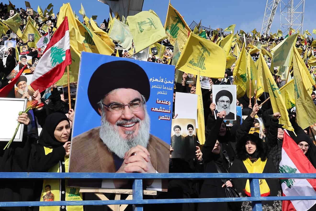 Mourners attend the funeral of slain Hezbollah terror leader Hassan Nasrallah at the Camille Chamoun Sports City Stadium on the outskirts of Beirut, Feb. 23, 2025. Photo by Anwar Amro/AFP via Getty Images.