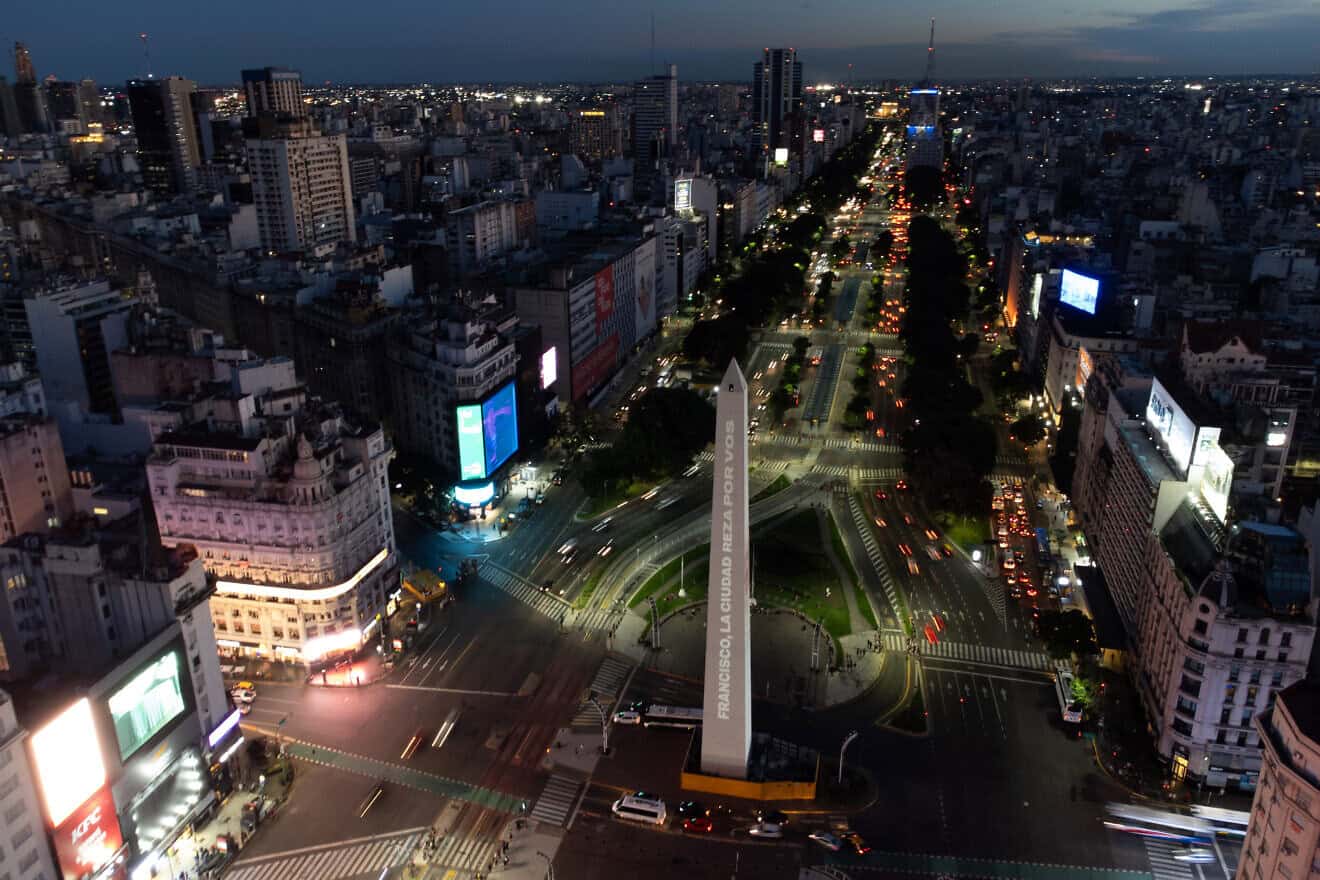 Aerial view of the Buenos Aires Obelisk illuminated with a recovery message projection for Pope Francis, Feb. 22, 2025 in Buenos Aires, Argentina. Photo by Tobias Skarlovnik/Getty Images.