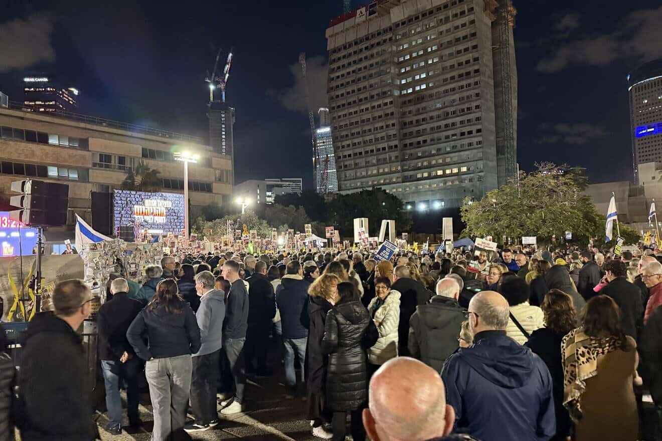 Crowds of Israelis gather in "Hostages Square" in Tel Aviv as three Israeli men—Eli Sharabi, Ohad Ben Ami and Or Levy—are released after 491 days of captivity by Hamas in Gaza on Feb. 8, 2025. Photo by Jonathan S. Tobin.