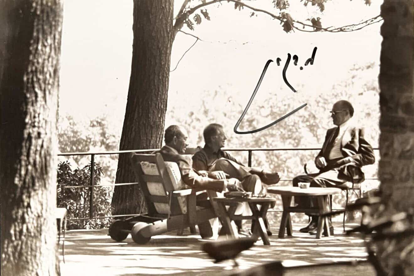 An autographed photo of former Israeli Prime Minister Menachem Begin at Camp David in Maryland with Egyptian President Anwar Sadat and U.S. President Jimmy Carter in September 1978. Credit: Courtesy of Curio Auctions.