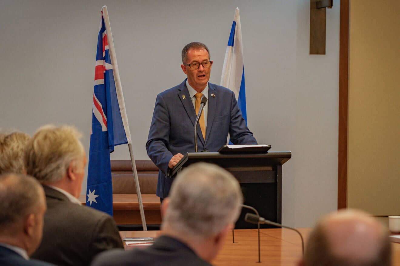 Australian MP Andrew Wallace addresses the Australia-Israel Allies Caucus at Parliament House in Canberra, Australia, Feb. 12, 2025. Credit: Courtesy.