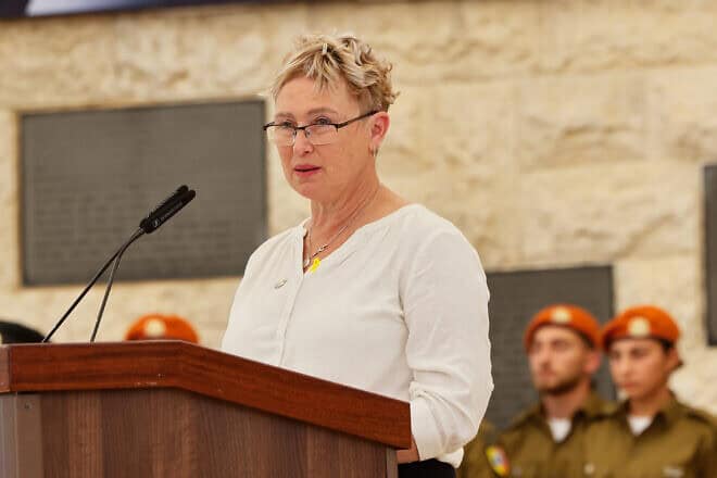 Iris Haim, the mother of Yotam Haim, speaks during a State Memorial Ceremony at Mount Herzl military cemetery in Jerusalem for civilians murdered in the Oct. 7, 2023, terrorist attacks by Hamas in southern Israel, Oct. 27, 2024. Photo by Marc Israel Sellem/POOL.