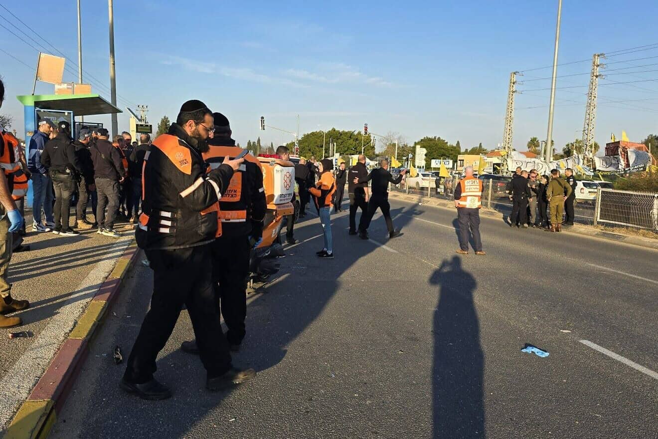 Israeli security and rescue forces at the scene of a terror attack at the Karkur Junction, east of Caesarea, Feb. 27, 2025. Credit: United Hatzalah.