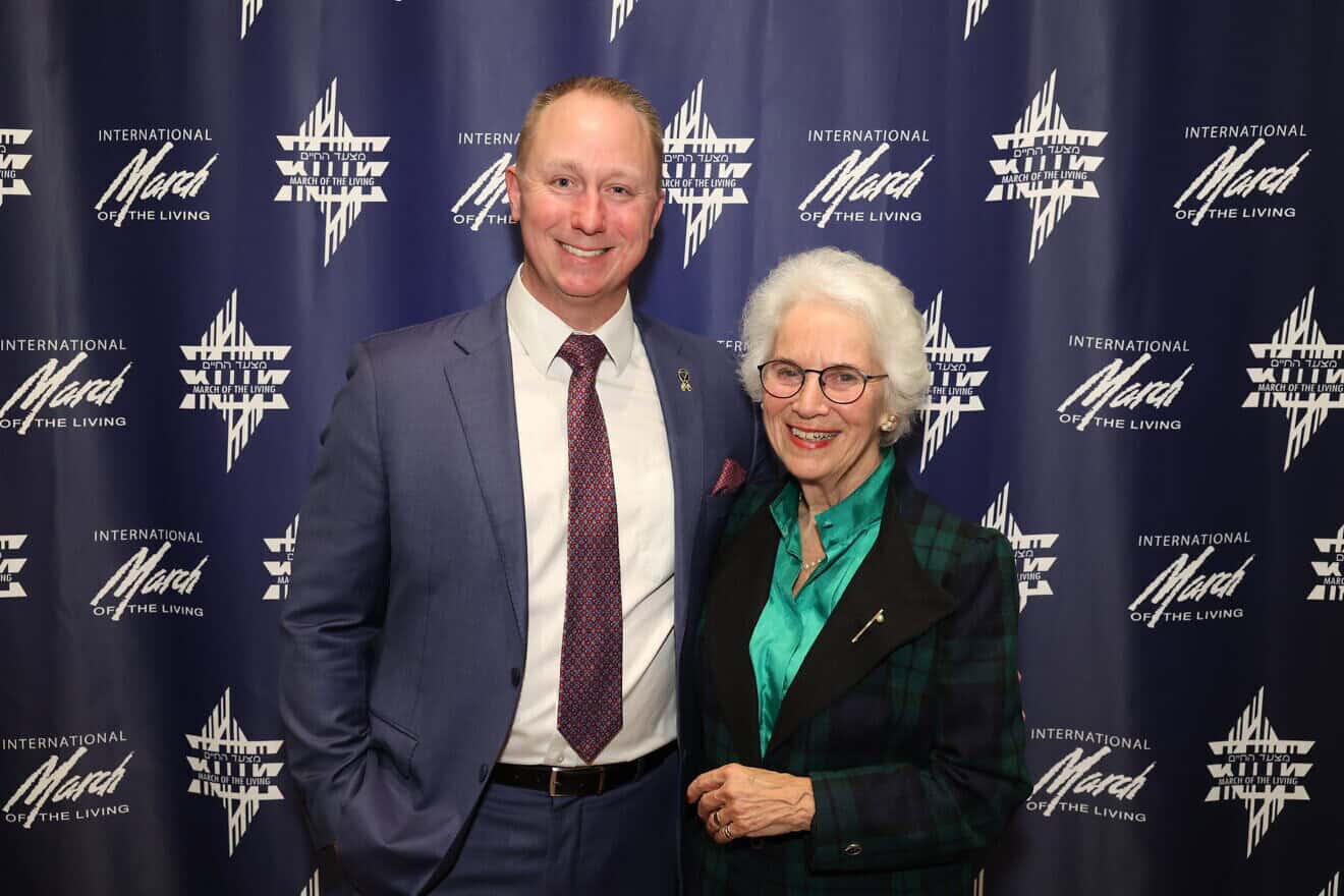 Merrill Eisenhower, great-grandson of President Dwight Eisenhower, and Eva Clarke, a Holocaust survivor born in the Mauthausen concentration camp in 1945, Feb. 26, 2025. Photo by Yossi May/International March of the Living.