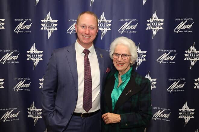 Merrill Eisenhower, great-grandson of President Dwight Eisenhower, and Eva Clarke, a Holocaust survivor born in the Mauthausen concentration camp in 1945, Feb. 26, 2025. Photo by Yossi May/International March of the Living.