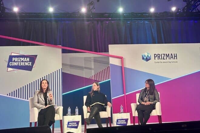 At the plenary session "Looking to the horizon for Jewish day school education," Rachel Fish of Boundless, Tamara Tweel of the Teagle Foundation, and Erica Brown of Yeshiva University discuss the future of Jewish day schools. Credit: Courtesy of Prizmah: Center for Jewish Day Schools.
