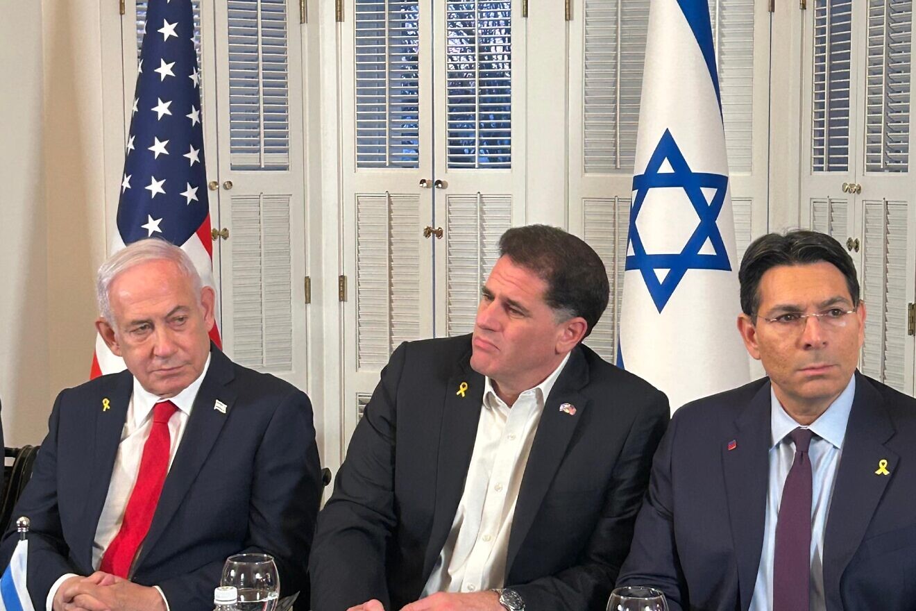 Israeli Prime Minister Benjamin Netanyahu with Ron Dermer (center), strategic affairs minister, and Danny Danon, ambassador to the United Nations, at Blair House in Washington, D.C., Feb. 3, 2025. Credit: Israeli mission to the United Nations.