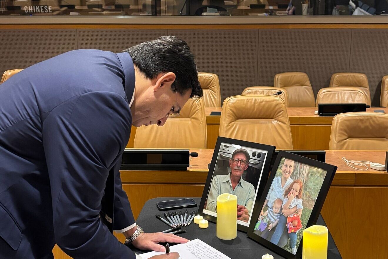 Danny Danon, the Israeli ambassador to the United Nations, at a U.N. ceremony memorializing Oded Lifshitz and Shiri, Ariel and Kfir Bibas at U.N. headquarters in New York, Feb. 24, 2025. Credit: Courtesy.