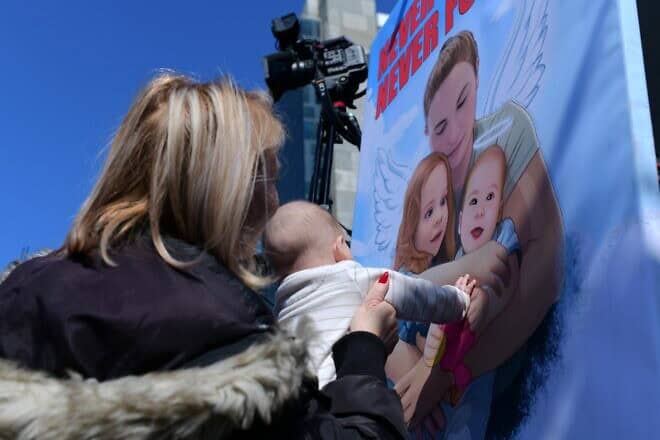 People gather at “Hostages Square” in Tel Aviv to pay their respects during the funeral service of murdered Israeli hostages Shiri Bibas, and her children Ariel and Kfir, Feb. 26, 2025. Photo by Tomer Neuberg/Flash90.