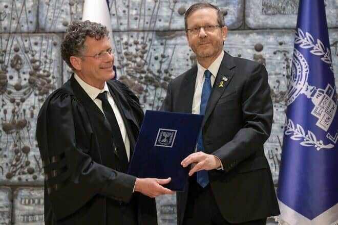 Justice Yitzhak Amit is sworn in as president of Israel's Supreme Court by President Isaac Herzog, Feb. 13, 2025. Credit: Ma'ayan Toaf/GPO.
