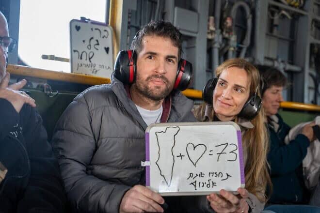 Freed American-Israeli hostage Sagui Dekel-Chen with his wife, Avital, on the helicopter ride back to Israel after being freed from Hamas captivity in Gaza on Feb. 15, 2025. Photo by Avi Ohayon/GPO.