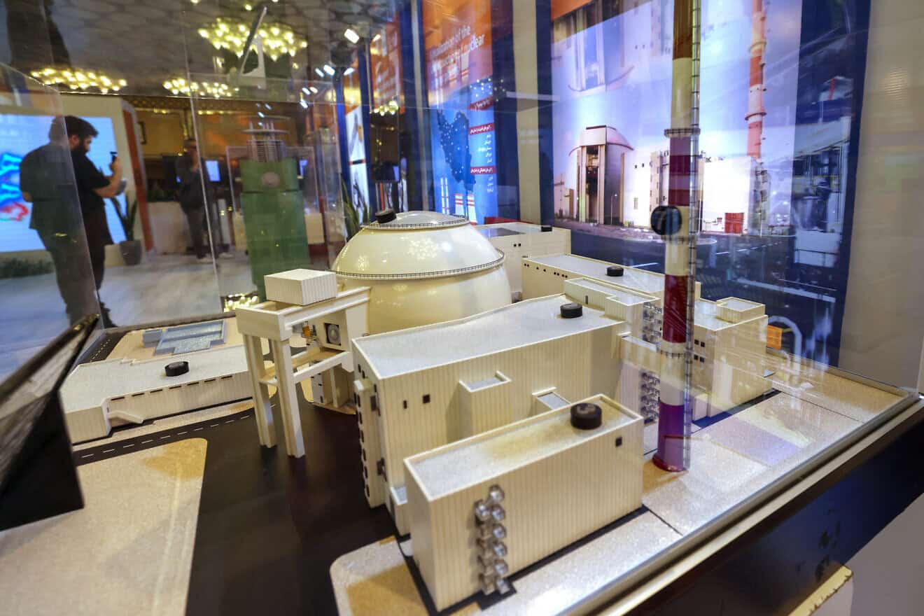 A replica of Iran's Bushehr Nuclear Power Plant at an exhibition at the International Conference on Nuclear Science and Technology in Isfahan on May 6, 2024. Photo by Atta Kenare/AF via Getty Images.