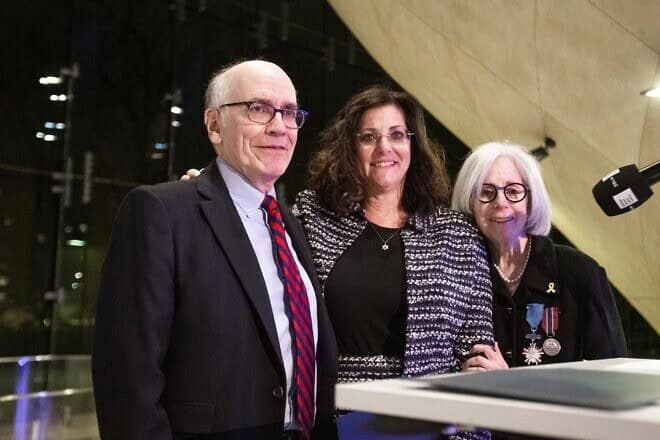 From left: Jewish Foundation for the Righteous chairman and president Dr. Steven Field, JFR executive vice president Stanlee Stahl, and Holocaust studies program planner Kimberly Coombs at the Robert I. Goldman Award for Excellence in Holocaust Education awards ceremony in Poland. Credit: JFR.