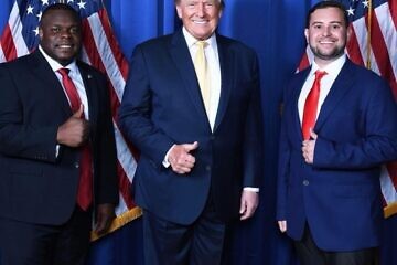 From left: Former Trump administration official and Michigan congressional candidate John Gibbs, U.S. President Donald Trump and Ryan Mermer. Credit: Courtesy.