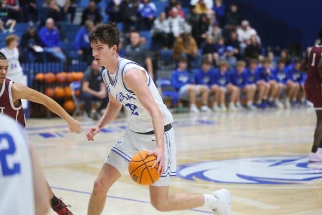 Sam Donald, No. 32, of the Columbia (Illinois) High School Eagles at a game against Belleville West (Illinois) High School on Feb. 1, 2025. Photo by Bill Motchan.