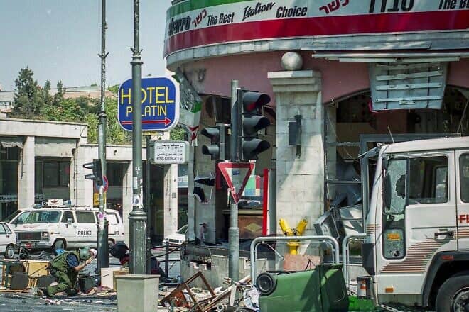 Israeli security forces at the scene of a suicide-bombing terror attack at the Sbarro pizzeria in Jerusalem's city center on Aug. 9, 2001. Photo by Nati Shohat/Flash90.