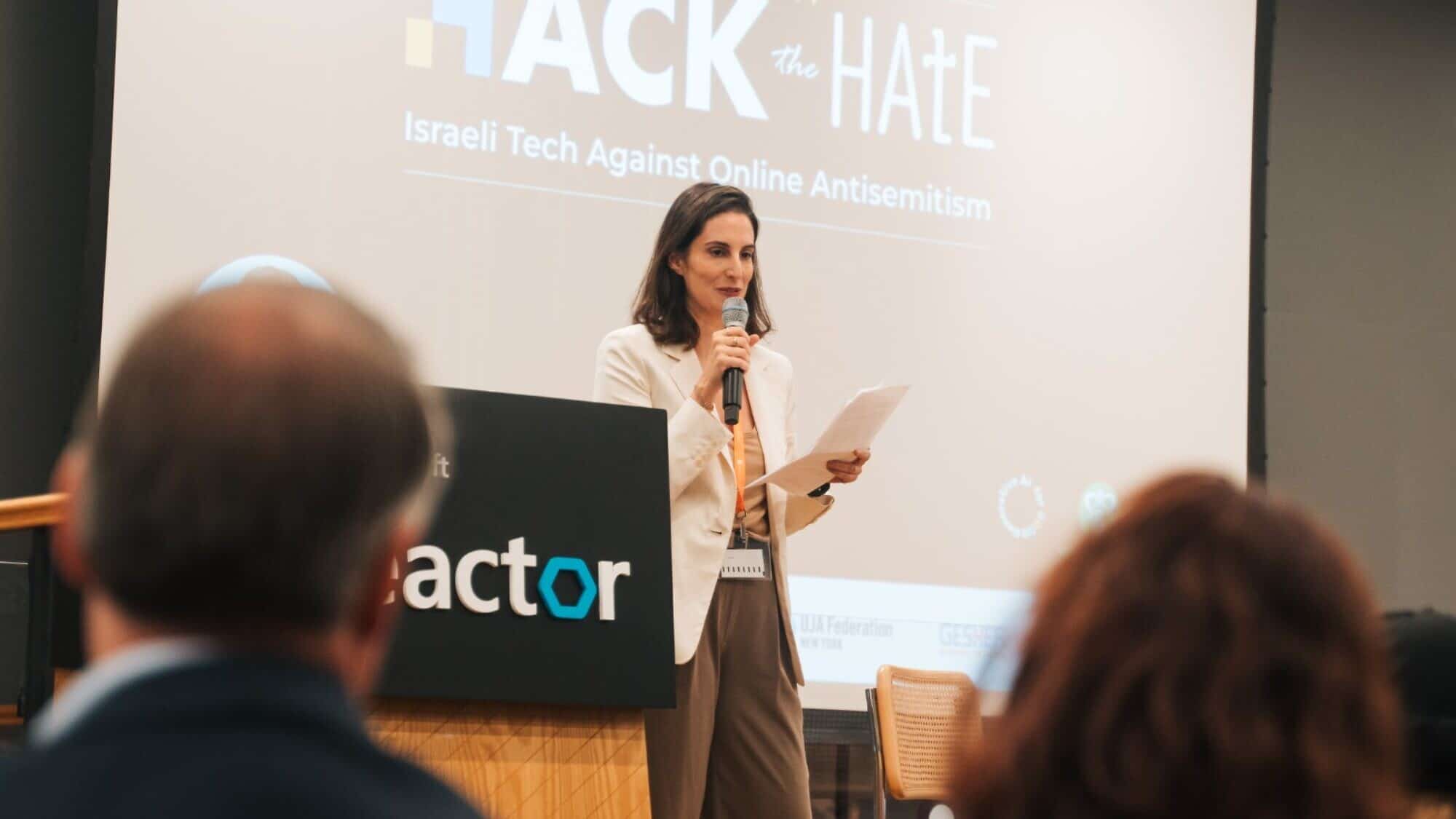 Shiran Mlamdovsky Somech speaking at the 'Hack the Hate' conference on Sept. 10, 2024. Credit: Idan Marzuk