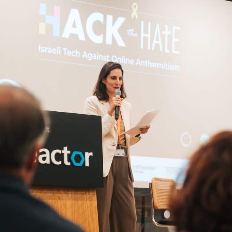 Shiran Mlamdovsky Somech speaking at the 'Hack the Hate' conference on Sept. 10, 2024. Credit: Idan Marzuk