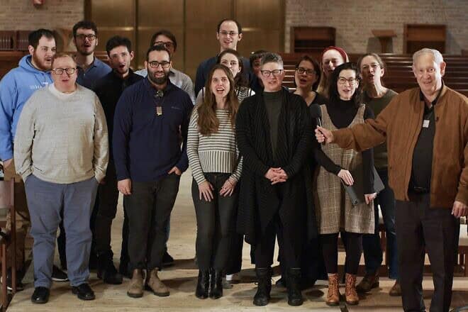 Maestro Matthew Lazar (far right) with the U.S. JCCI Lazar Fellows and Choir in New York City. Credit: Courtesy of the Zamir Choral Foundation.
